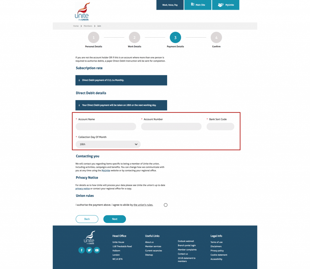 payment stage for joining Unite